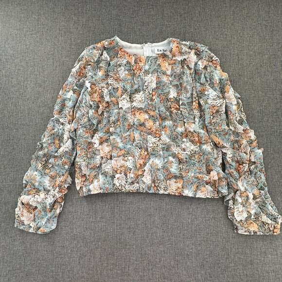 En Saison Ruffled Blouse‎ Small long Sleeve Round Neck Lined Floral Relaxed Fit - Picture 1 of 15